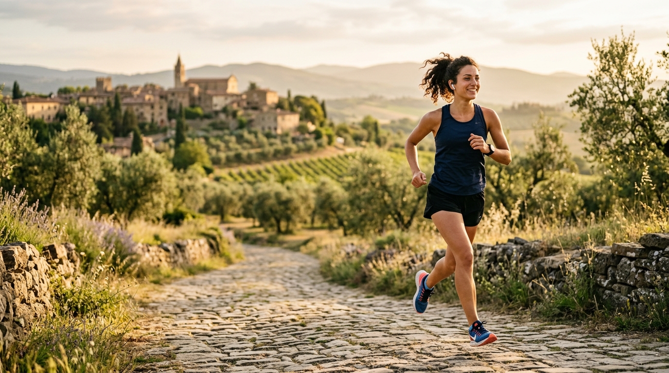 Corridore italiano su un sentiero collinare al mattino presto