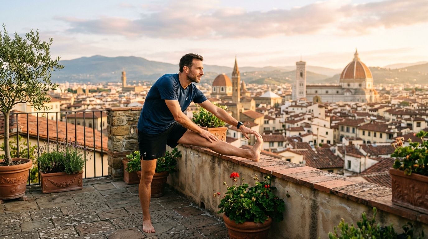 Persona che si allunga su una terrazza con vista sui tetti italiani all’alba
