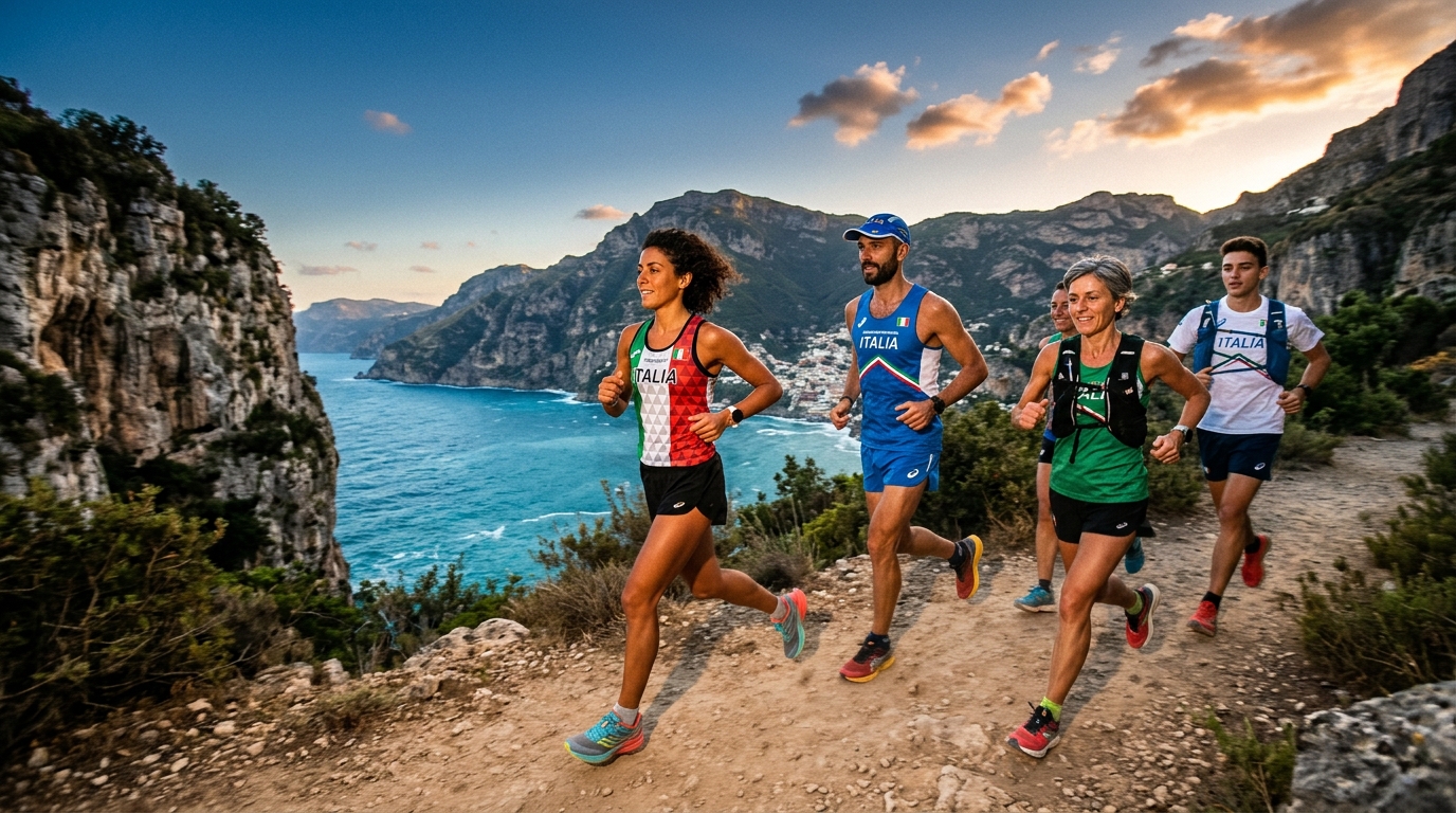 Gruppo di corridori italiani su un sentiero costiero mediterraneo al tramonto